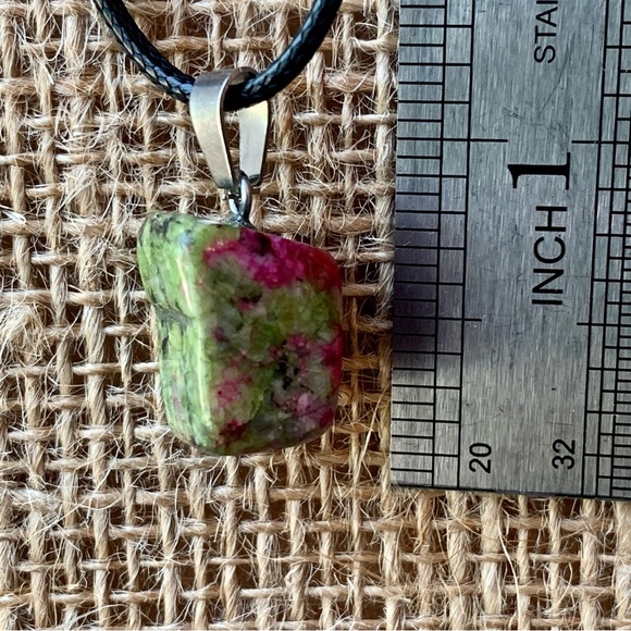 Freeform Ruby Zoisite Stone Pendant Necklace on 20" Adjustable Black Cord chain - Picture 5 of 6